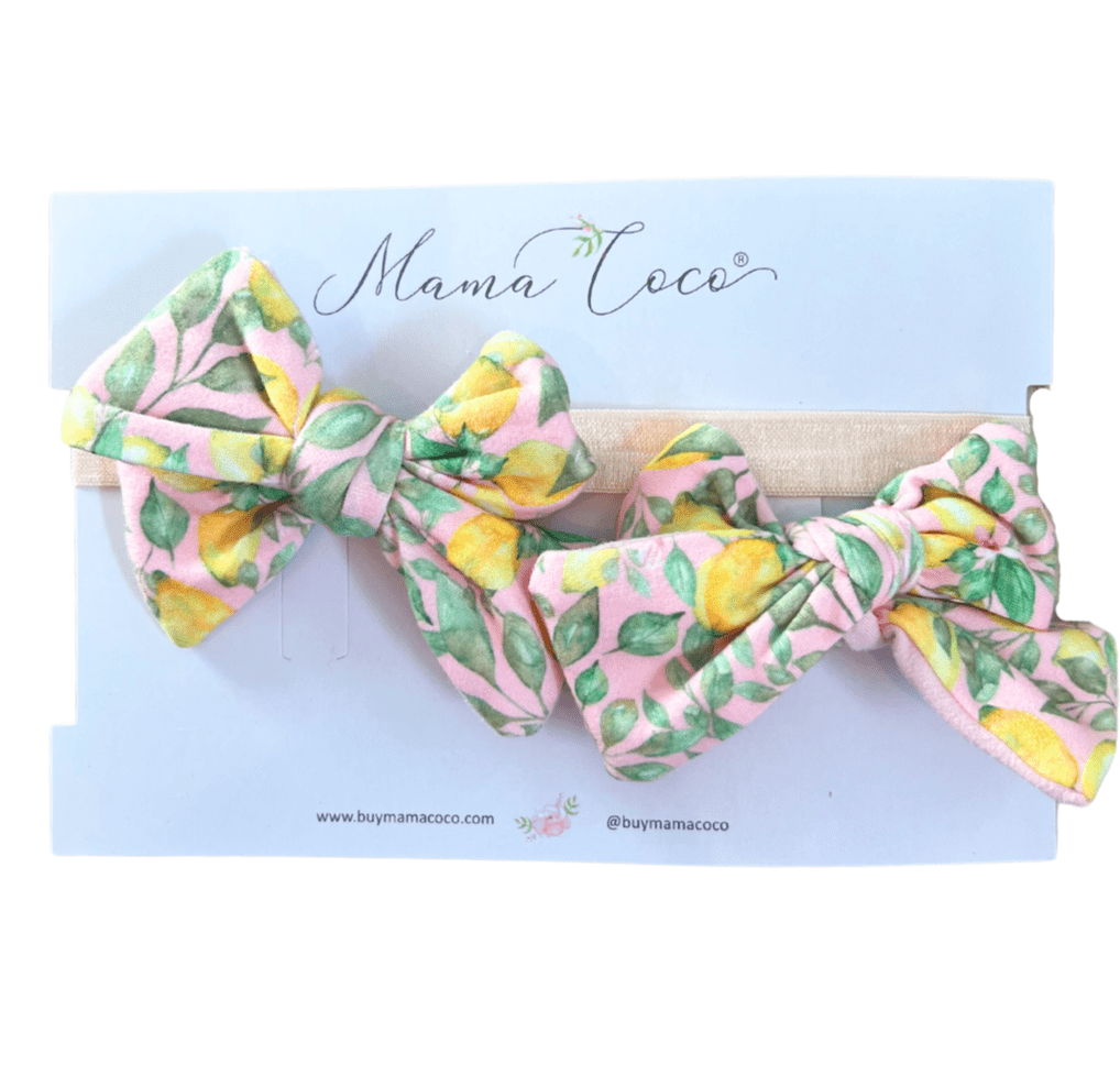 HEADBAND & BOW SET - Mama Coco in pink lemonade design in classic brushed fabric.
