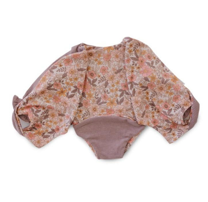 RUFFLE CUFF LONG SLEEVE WINGED BODYSUIT - Mama Coco in sugar plums design in brushed viscose fabric.