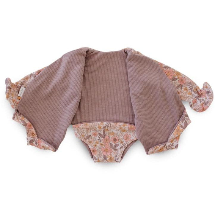 RUFFLE CUFF LONG SLEEVE WINGED BODYSUIT - Mama Coco in sugar plums design in brushed viscose fabric.