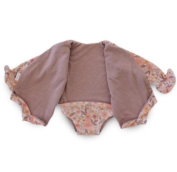 RUFFLE CUFF LONG SLEEVE WINGED BODYSUIT - Mama Coco in sugar plums design in brushed viscose fabric.