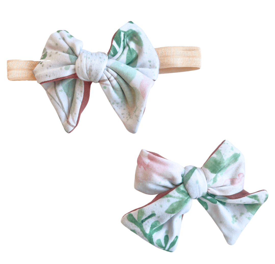 HEADBAND & BOW SET - Mama Coco in blushing eucalyptus design in classic brushed fabric.