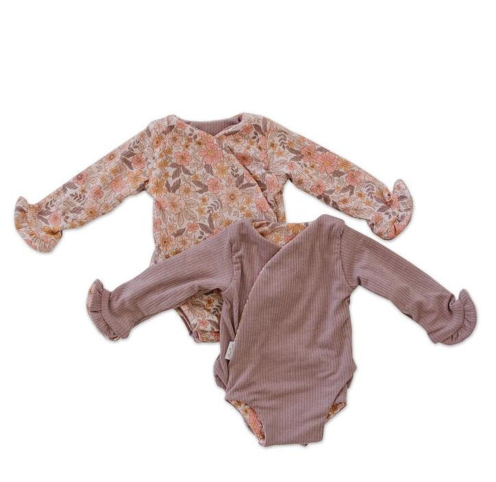 RUFFLE CUFF LONG SLEEVE WINGED BODYSUIT - Mama Coco in sugar plums design in brushed viscose fabric.
