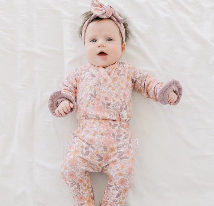 RUFFLE CUFF LONG SLEEVE WINGED BODYSUIT - Mama Coco in sugar plums design in brushed viscose fabric.