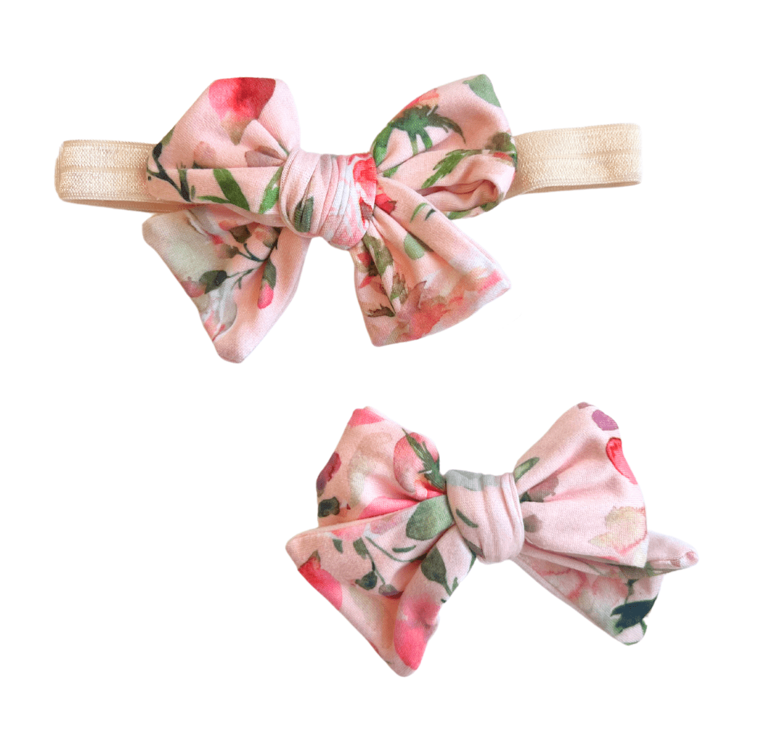 HEADBAND & BOW SET - Mama Coco in peachy rose fields design in classic brushed fabric.