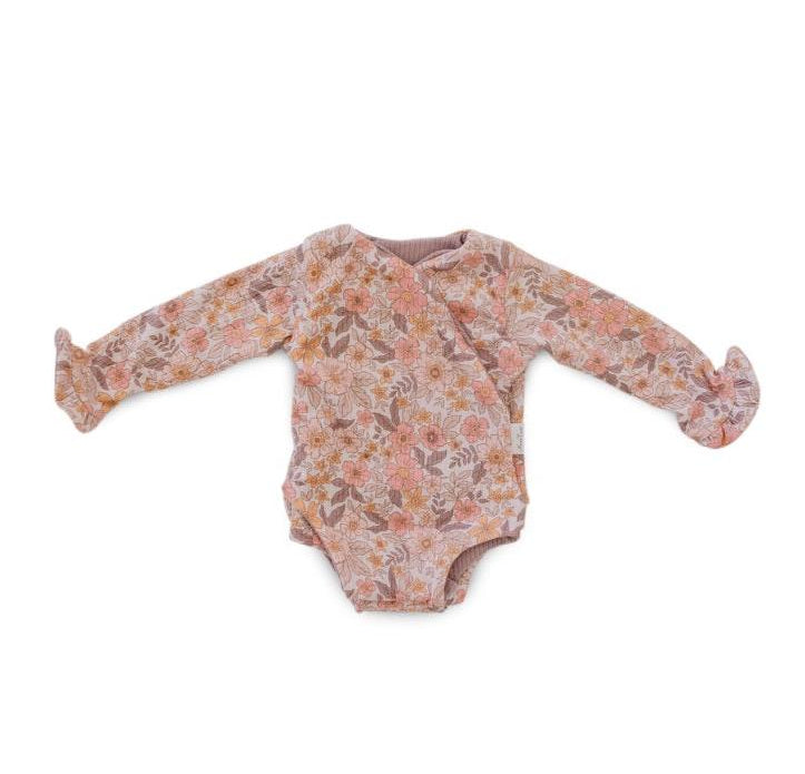 RUFFLE CUFF LONG SLEEVE WINGED BODYSUIT - Mama Coco in sugar plums design in brushed viscose fabric.