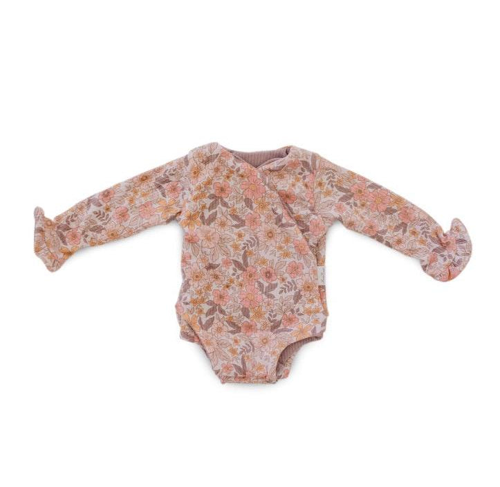 RUFFLE CUFF LONG SLEEVE WINGED BODYSUIT - Mama Coco in sugar plums design in brushed viscose fabric.