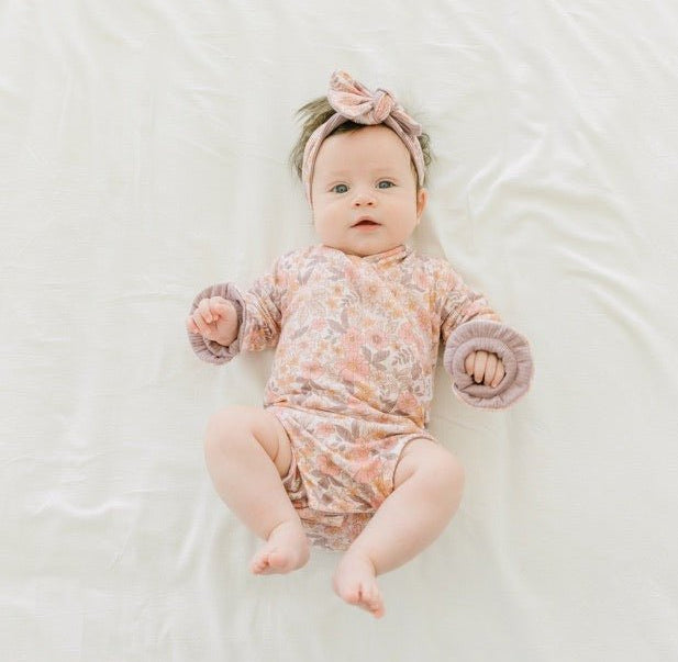 RUFFLE CUFF LONG SLEEVE WINGED BODYSUIT - Mama Coco in sugar plums design in brushed viscose fabric.