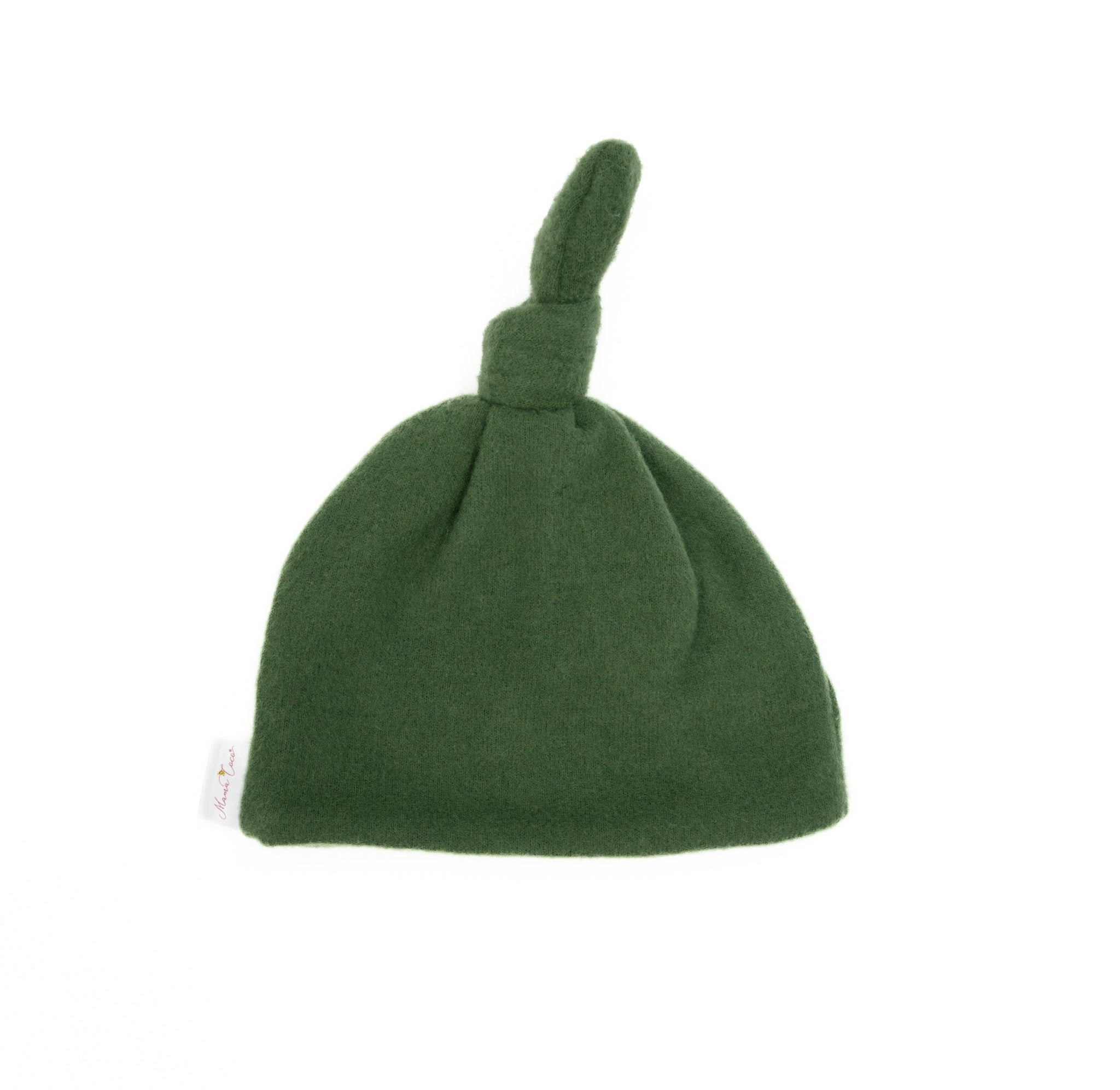 Knotty beanie in Plush Juniper Pine design, made from Plush Dream fabric.