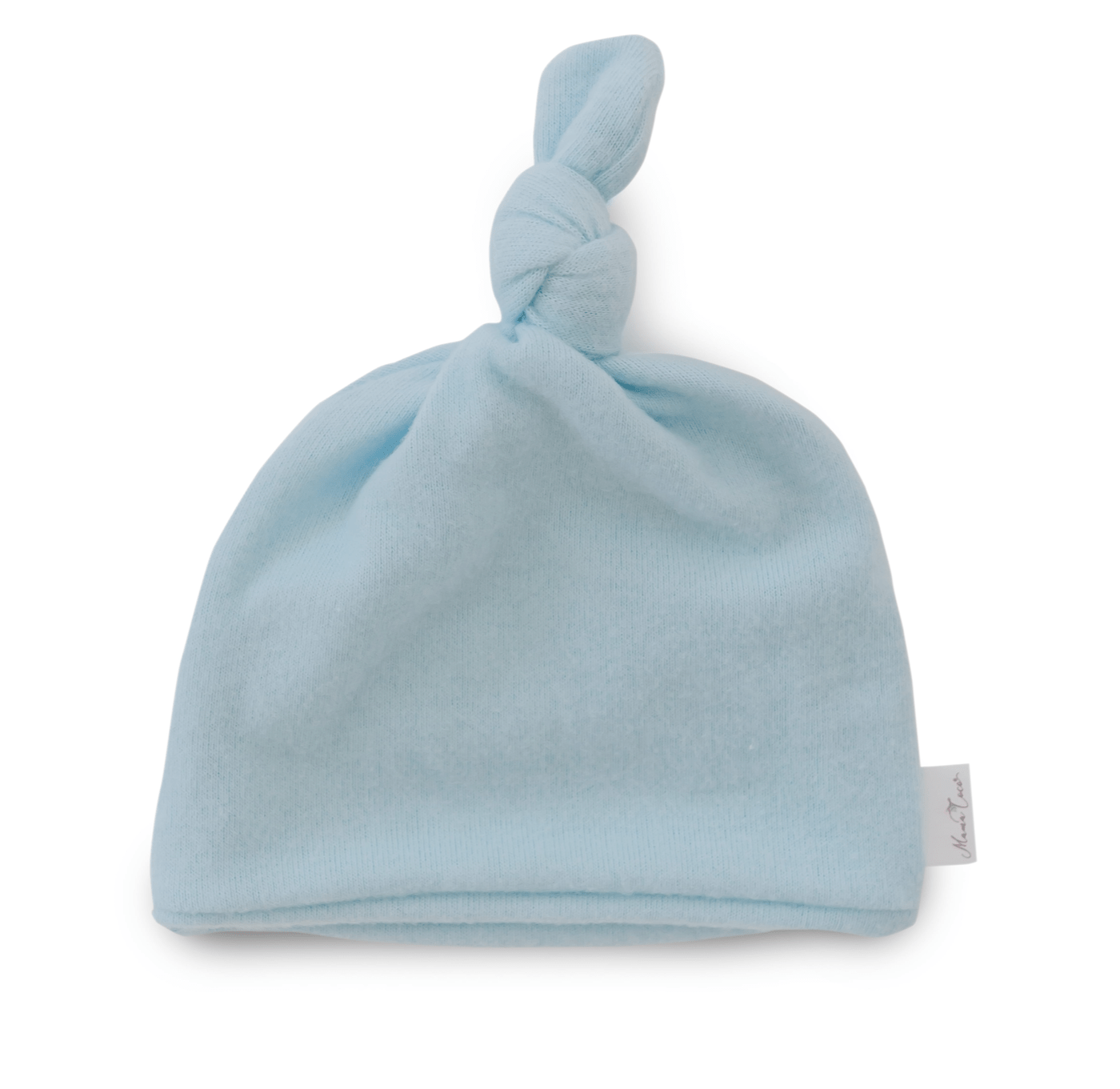 Knotty beanie in plush powder blue design in plush dreams fabric.
