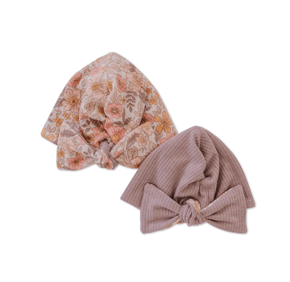 RUCHED BEANIE WITH BOW - Mama Coco in dusty roses design.