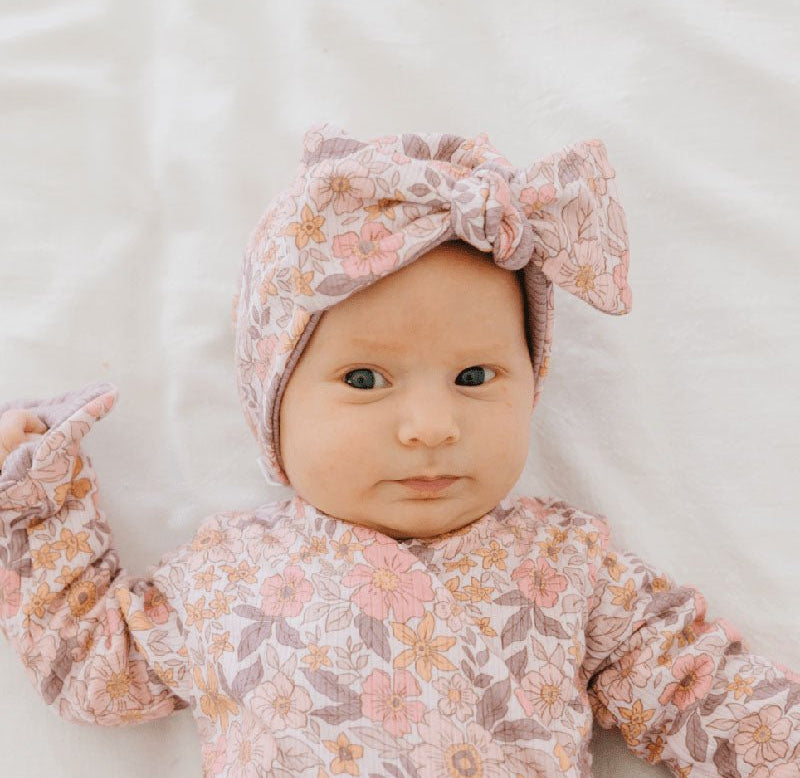 RUCHED BEANIE WITH BOW - Mama Coco in dusty roses design.