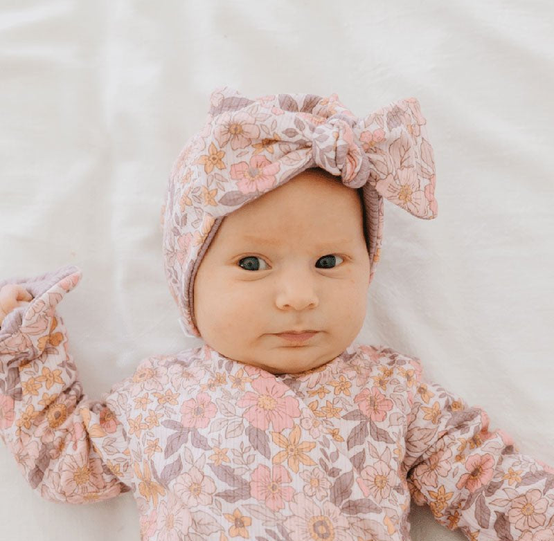 RUCHED BEANIE WITH BOW - Mama Coco in dusty roses design.