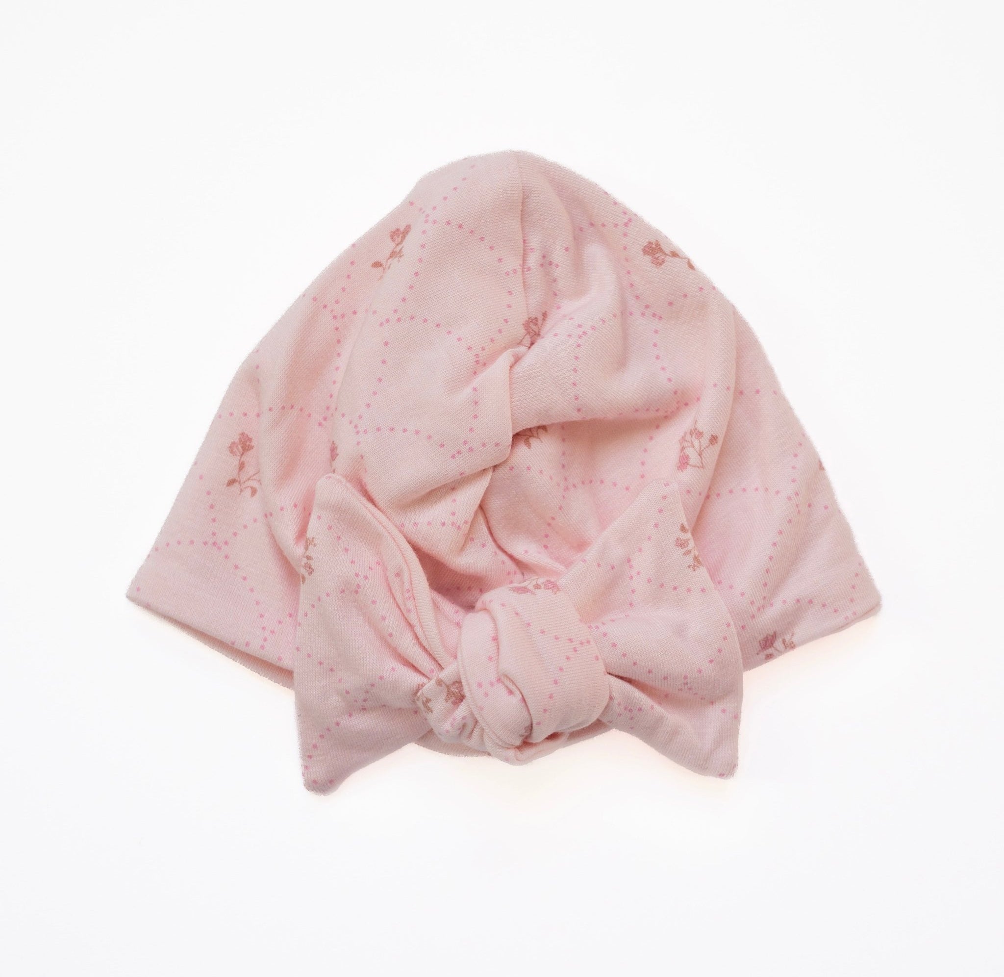 Bamboo cotton baby beanie with ruched bow in dainty dots design.