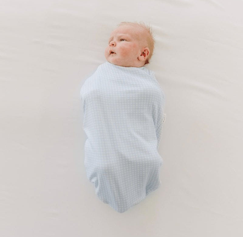 Baby Blue Gingham Cocoon swaddle blanket in Silky Modal fabric styles for newborn comfort.