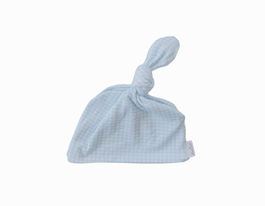 Baby Blue Gingham design knotty beanie for babies, made from Silky Modal fabric.