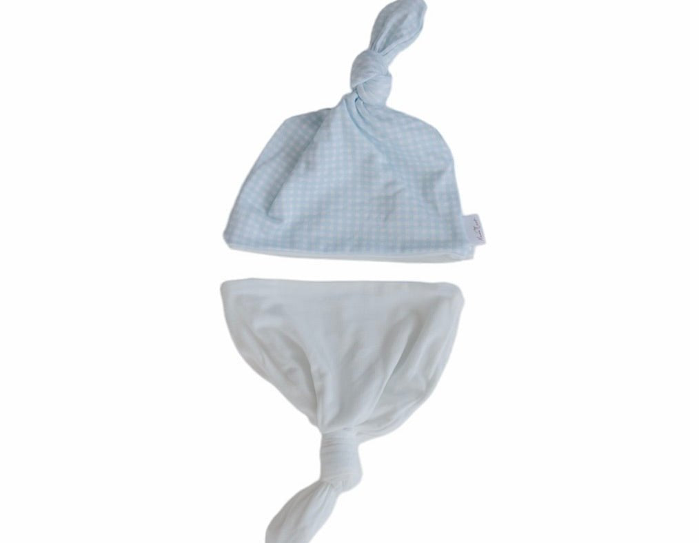 Premium Baby Blue Gingham knotty beanies designed for babies.