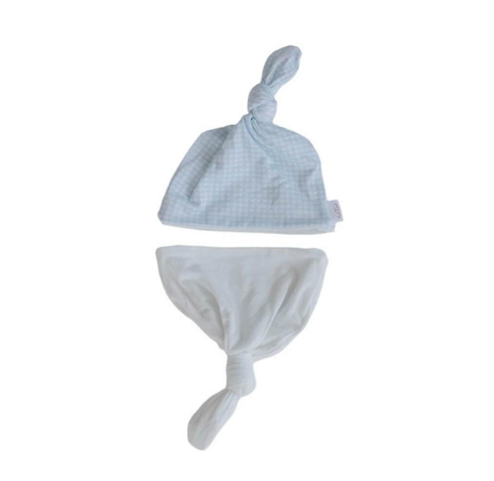 Premium Baby Blue Gingham knotty beanies designed for babies.