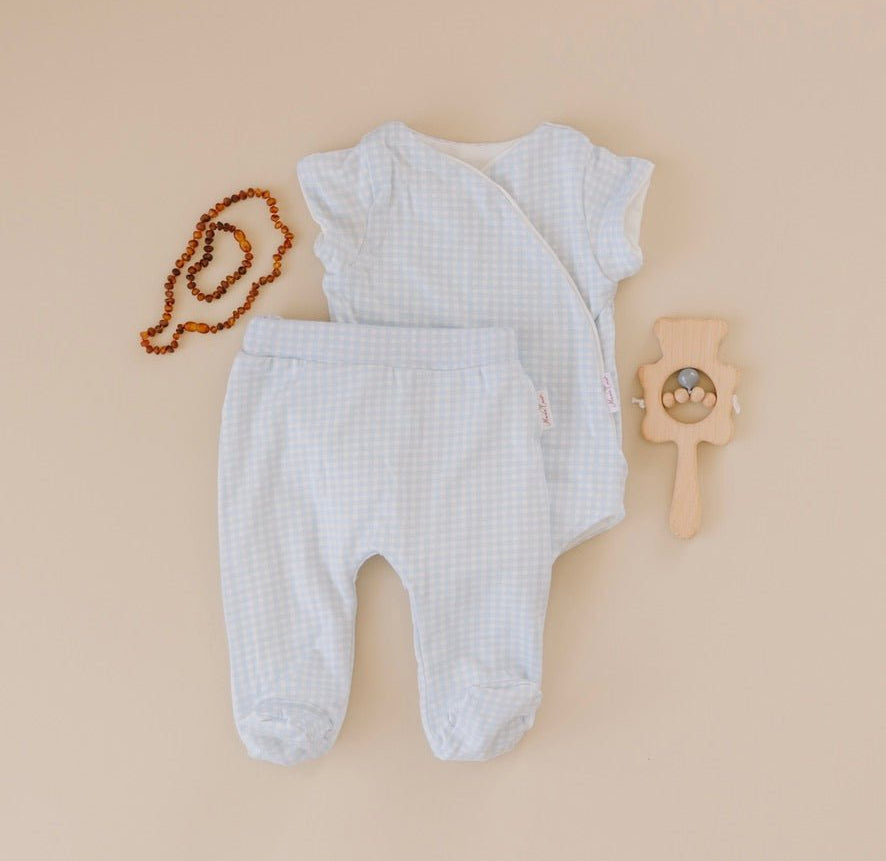 Baby blue gingham design short-sleeve onesie outfit bundle in silky modal.