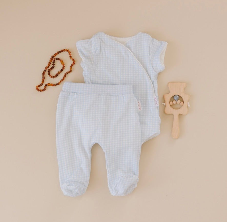 Baby blue gingham design short-sleeve onesie outfit bundle in silky modal.