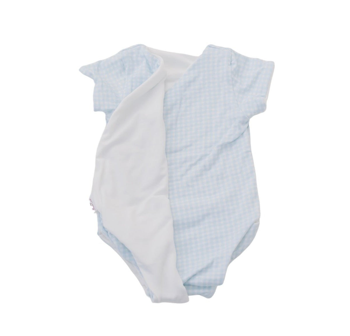 Baby Blue Gingham design short-sleeved winged bodysuit in silky modal fabric.