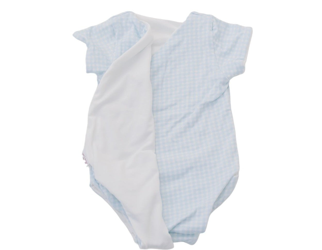 Baby Blue Gingham design short sleeve winged bodysuit in silky modal fabric.
