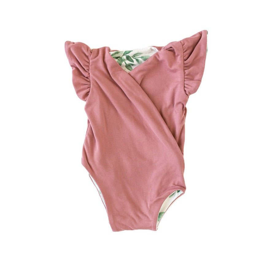 Reversible Blushing Eucalyptus baby bodysuit with short sleeves in soft Classic Brushed fabric styles.