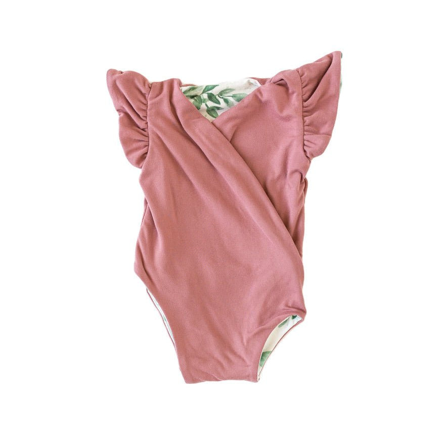 Reversible Blushing Eucalyptus baby bodysuit with short sleeves in soft Classic Brushed fabric styles.
