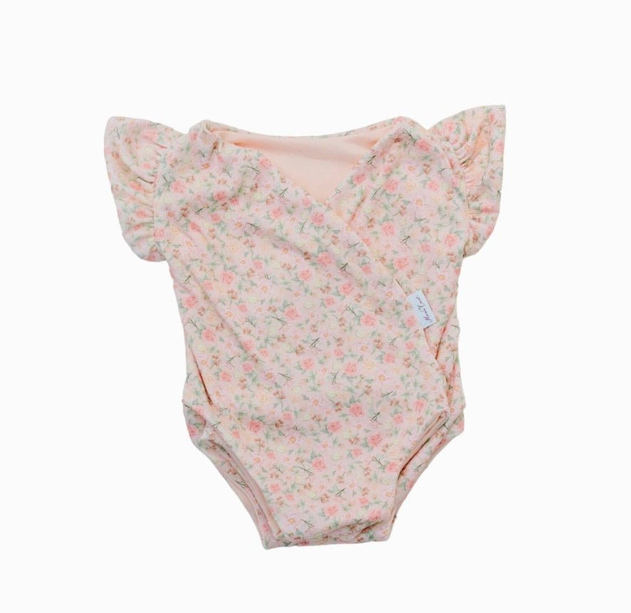 Dusty Roses baby bodysuit with short sleeves crafted in soft Classic Brushed fabric styles.