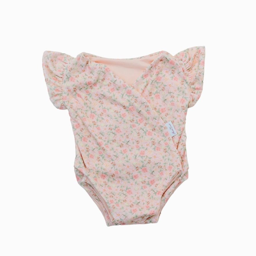 Dusty Roses baby bodysuit with short sleeves crafted in soft Classic Brushed fabric styles.
