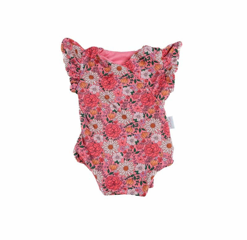 Flower Power baby bodysuit with short sleeves crafted in soft Classic Brushed fabric styles.