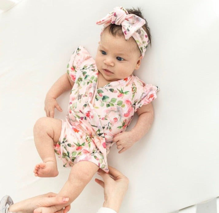 Peachy Rose Fields baby bodysuit with short sleeves in soft Classic Brushed fabric styles.