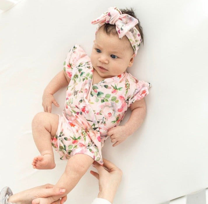 Peachy Rose Fields baby bodysuit with short sleeves in soft Classic Brushed fabric styles.