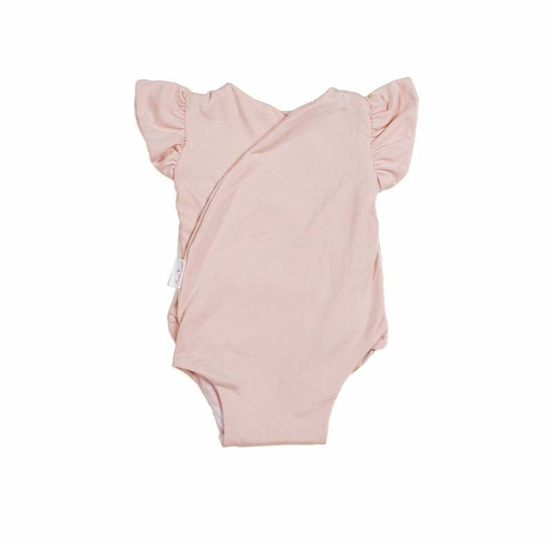 Reversible baby bodysuit with Sweet Lily pattern and short sleeves in Classic Brushed fabric styles.