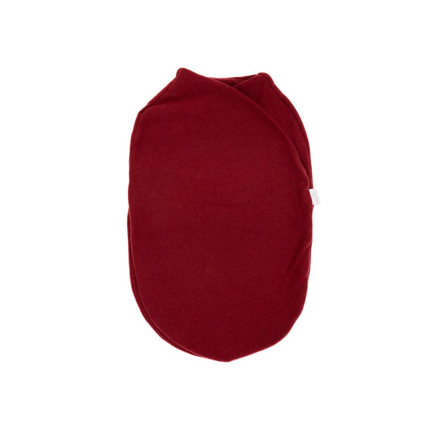 Reversible Baby Cocoon swaddle baby blanket in plush dark cherry in plush dream fabric styles.