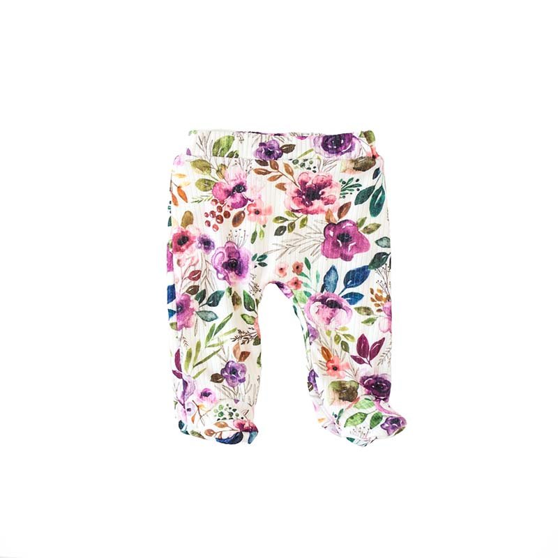 Baby footie pants designed in ultra-soft bamboo cotton with the Ivory Wildflowers theme.