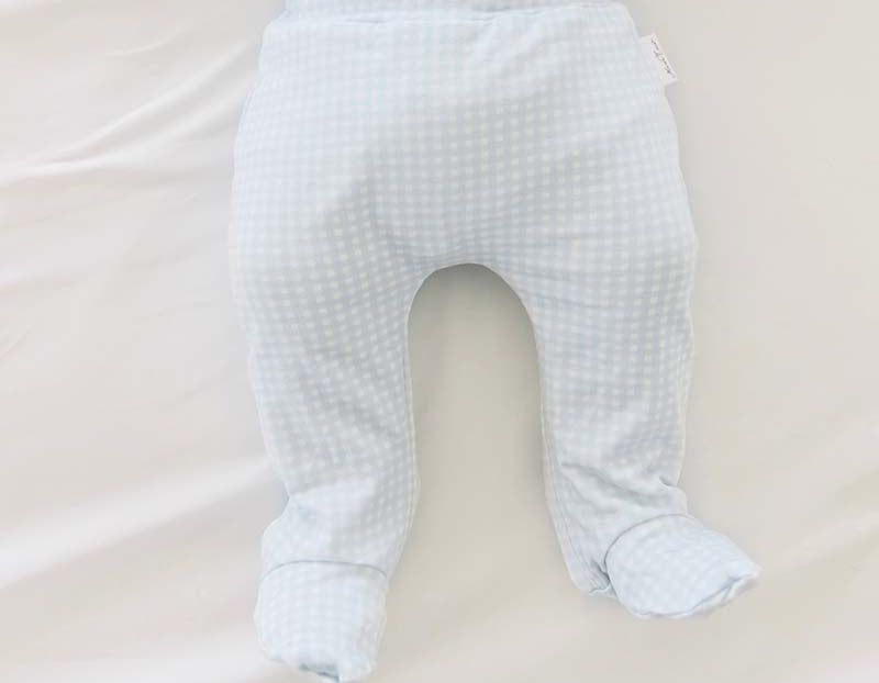 Baby blue gingham design footie pants from our long sleeved onesie bundle.