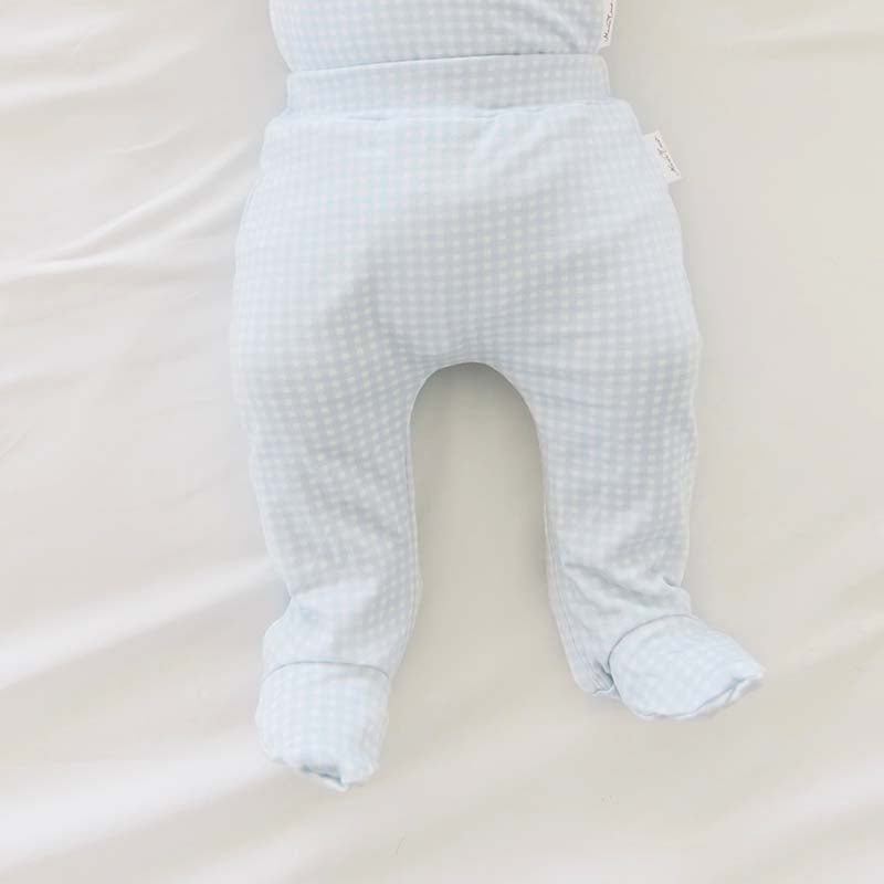 Baby blue gingham design footie pants from our long sleeved onesie bundle.