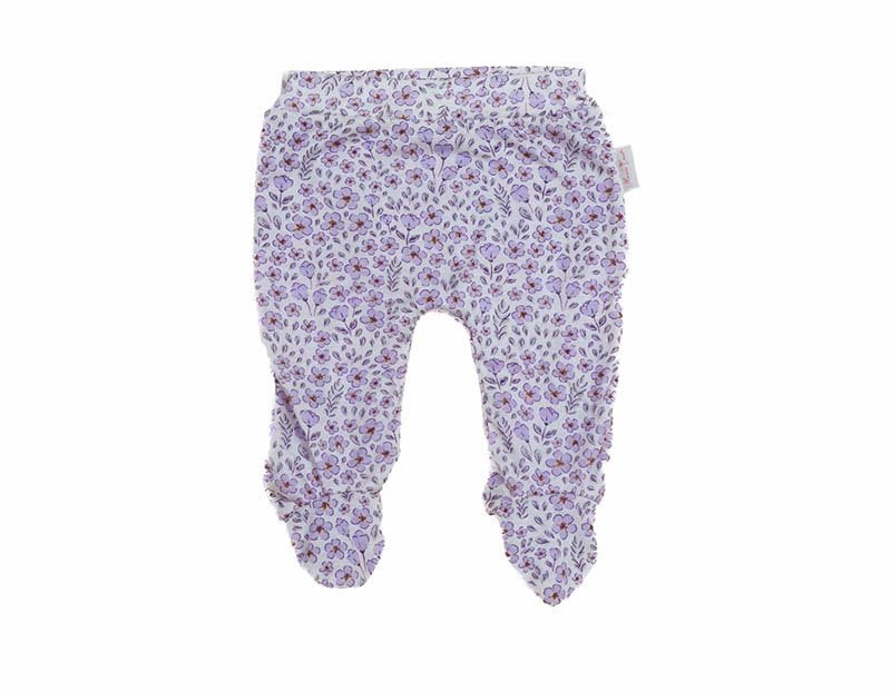 Soft and gentle baby footie pants made from silky modal fabric in the Purple Posies design.