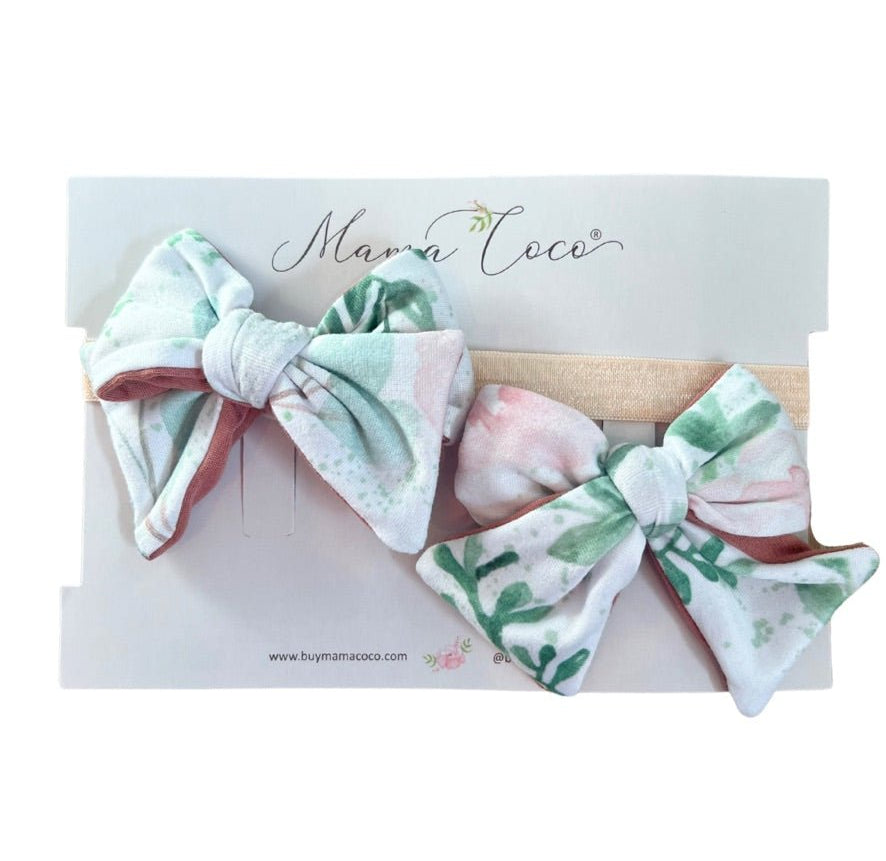 Headband & bow set in blushing eucalyptus design.