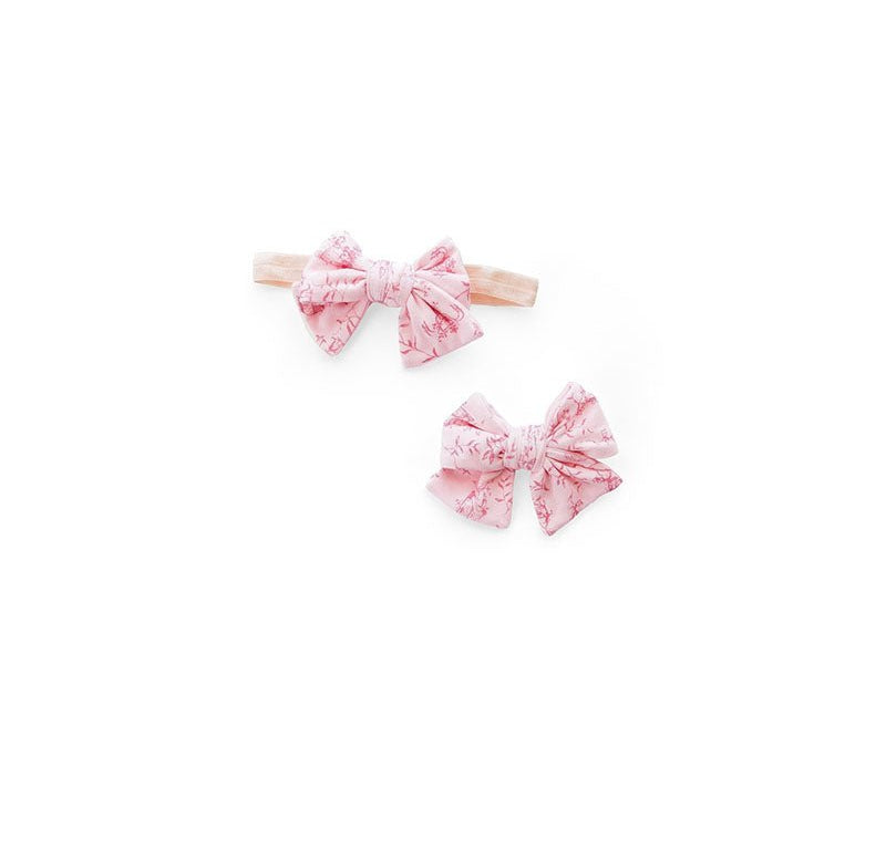 Whimsical garden baby headband & bow set in bamboo cotton fabric.