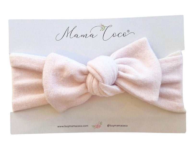Headwrap with bow for baby in Plush Pink Cashmere fabric styles.