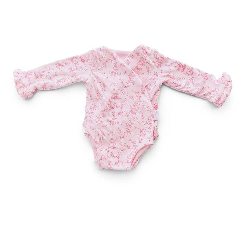Whimsical garden ruffle cuff long sleeve baby onesie.