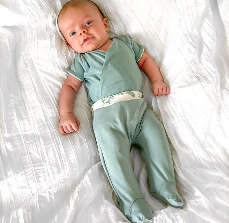 Reversible onesie outfit bundle in saged eucalyptus design.