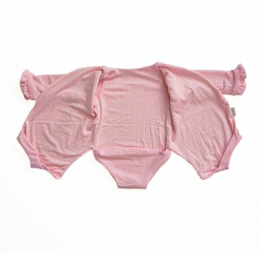 Baby Pink Gingham design ruffle cuff long sleeve winged bodysuit in silky modal fabric.