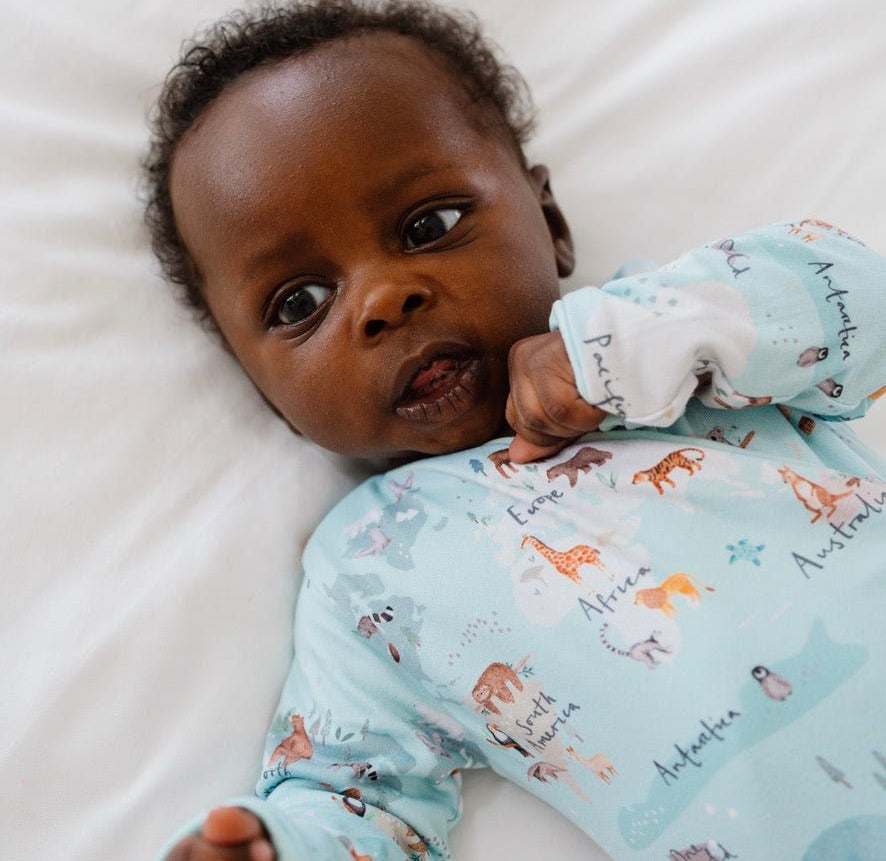 Baby winged bodysuit made from classic brushed fabric in World Traveler design.