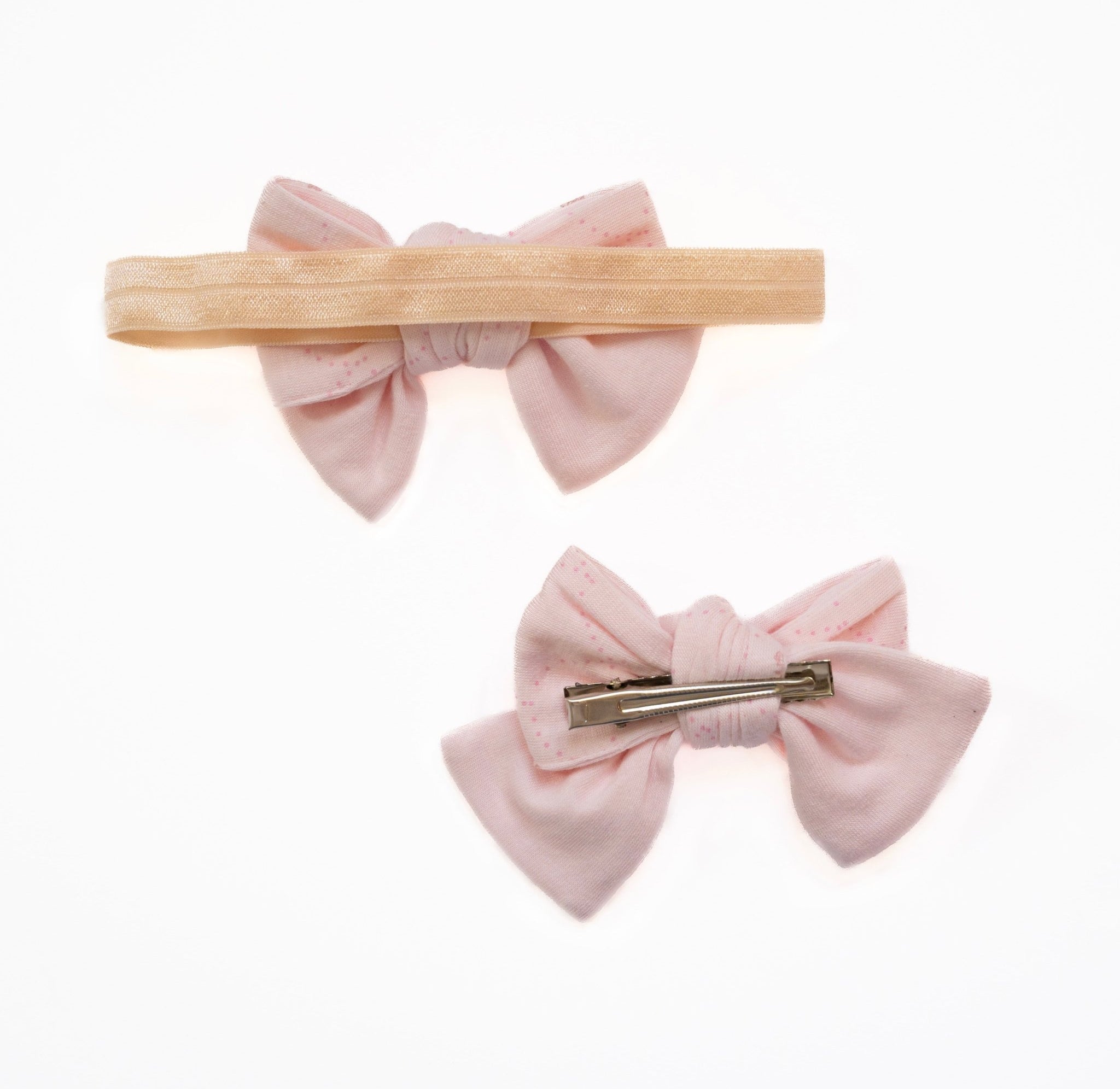 Back view of our bamboo cotton baby headband & bow set in dainty dots design.