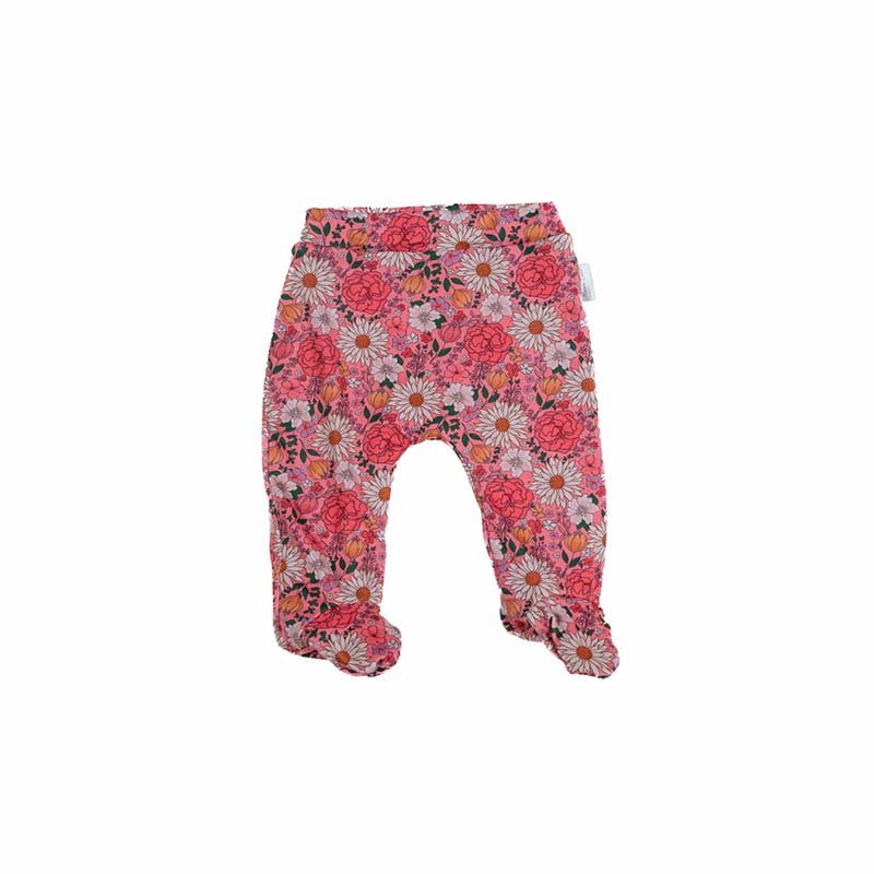 Baby footie pants crafted from a soft bamboo cotton fabric featuring the Flower Power print.