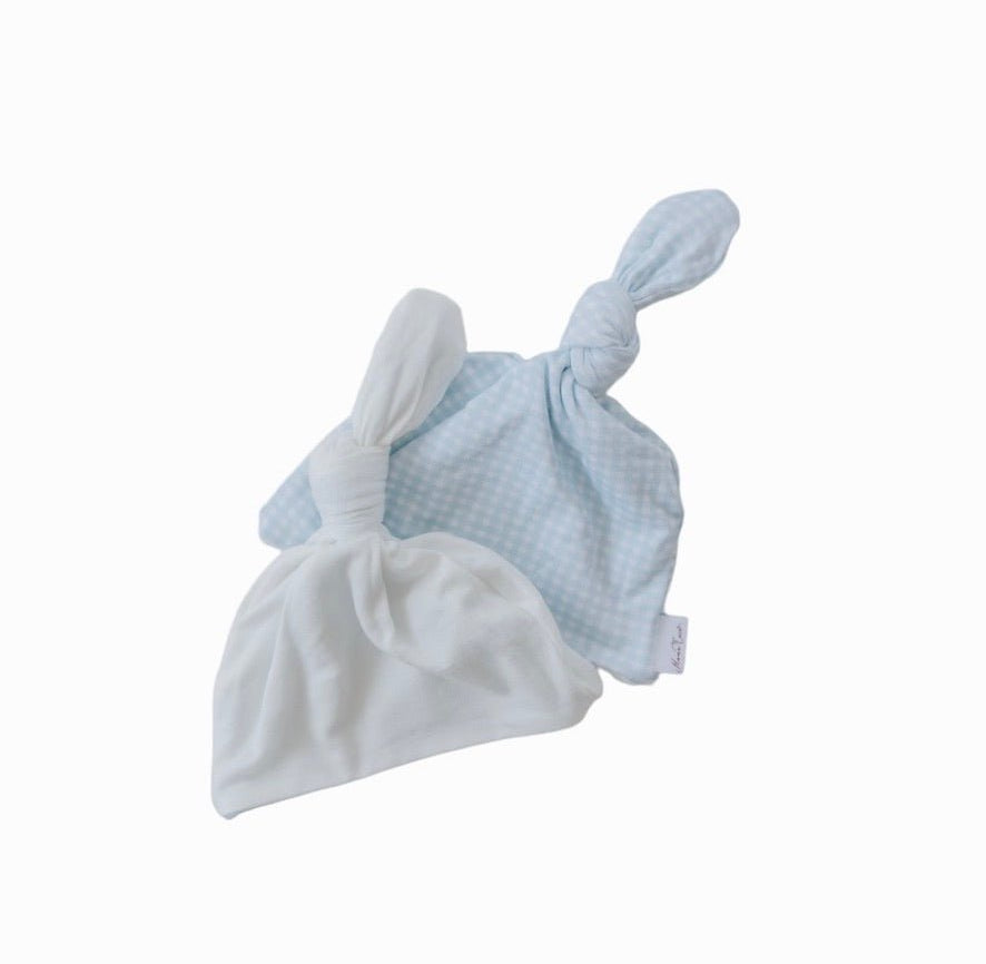 Baby blue gingham reversible beanie.