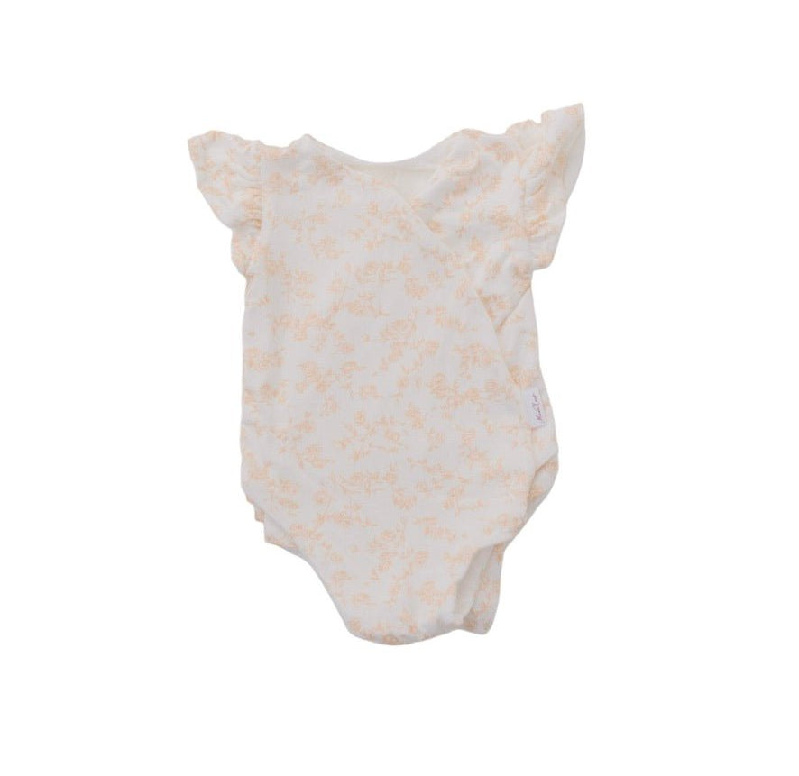 Bitty Blooms design flutter sleeve winged bodysuit in silky modal fabric.