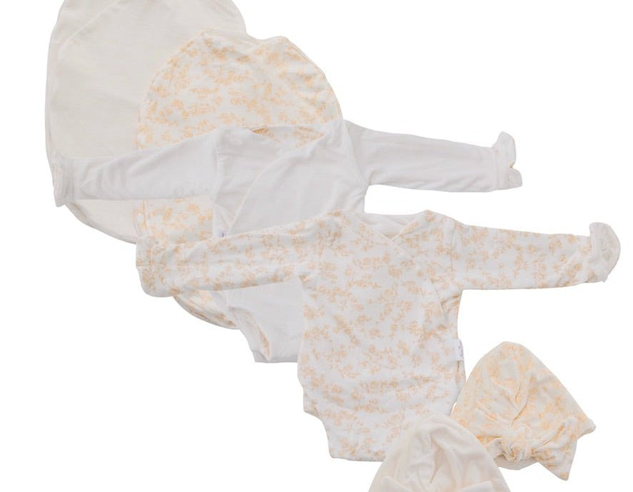Silk modal long sleeve newborn baby bundle, featuring adorable ruffle cuffs in bitty blooms design.